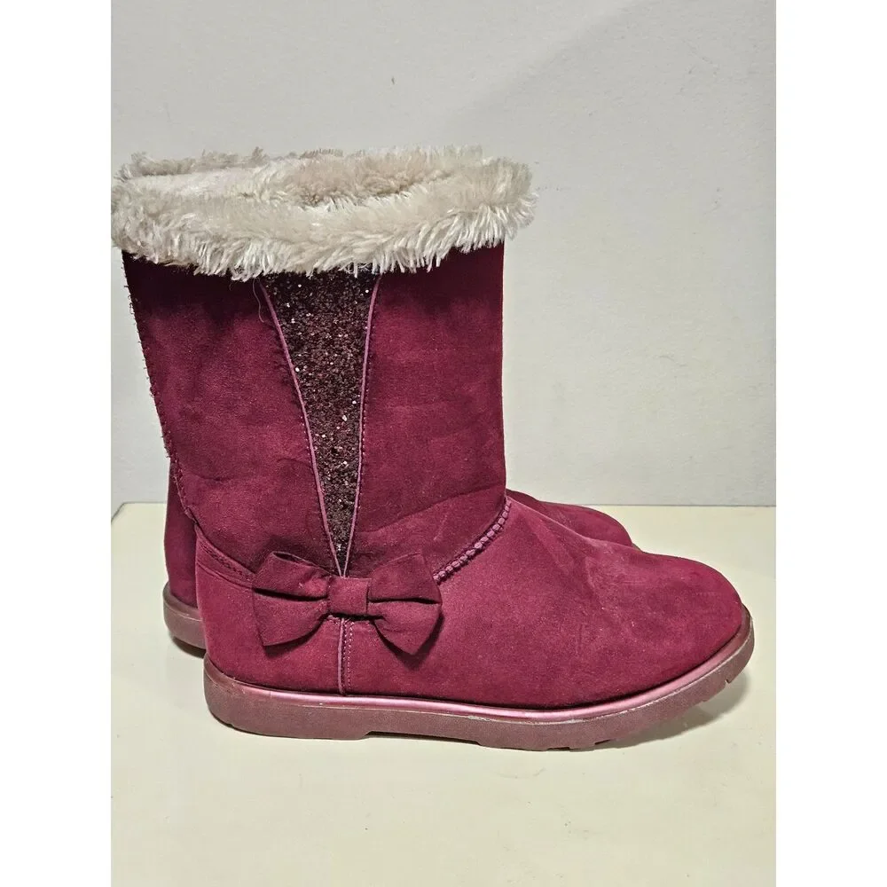 SO Sophia Burgundy Faux Fur Girls Winter Boots Side Bow Toddler Kid Size 2